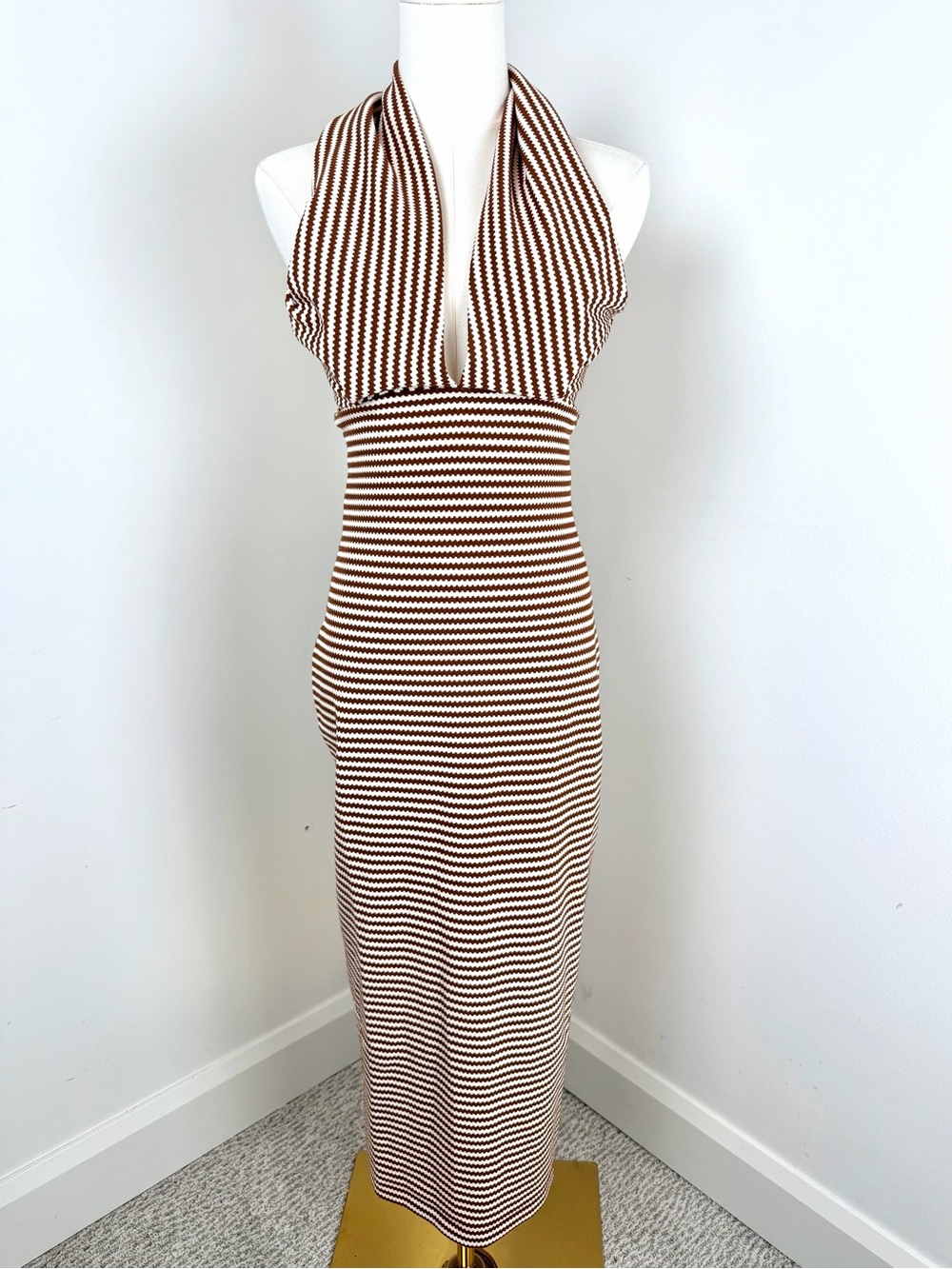 Amanda Uprichard Brown & Cream Striped Halter Dress Midi Has Stretch NWT Small - Picture 5 of 14